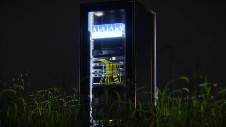 A glowing computer server rack stands in a grassy field at night, symbolizing the intersection of technology and nature