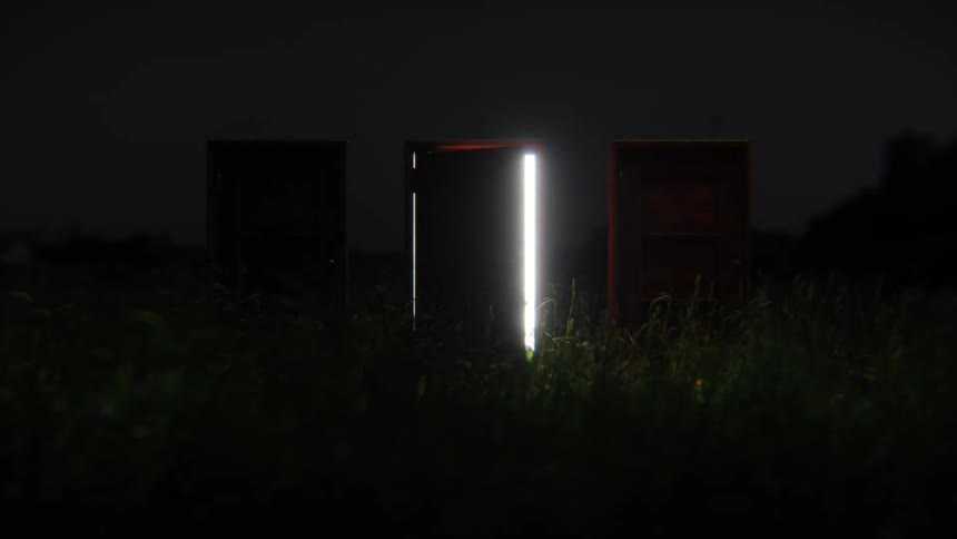 A surreal scene unfolds at night as a mysterious, glowing door flickers and opens in a dark, grassy field
