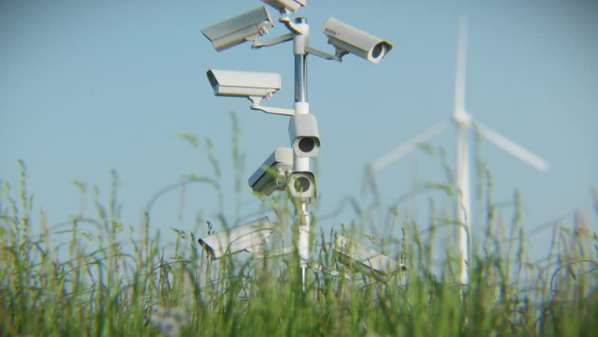 A pole of surveillance cameras stands guard in a grassy field with a large wind turbine spinning in the background