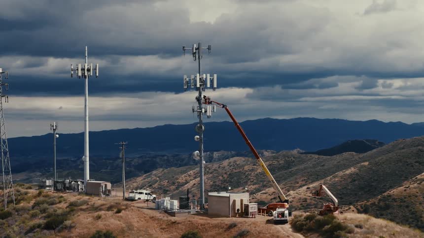 A worker in a boom lift services a remote cell phone tower on a mountain top under a dramatic stormy sky