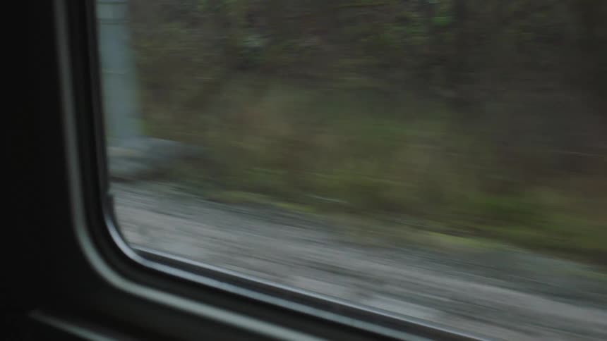 Blurry countryside scenery rushes by the window of a fast-moving train