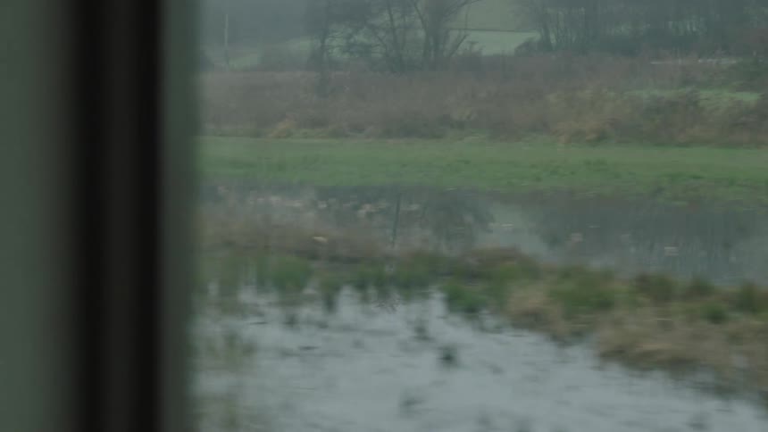 The misty, waterlogged countryside rushes past the window of a moving train on an overcast day