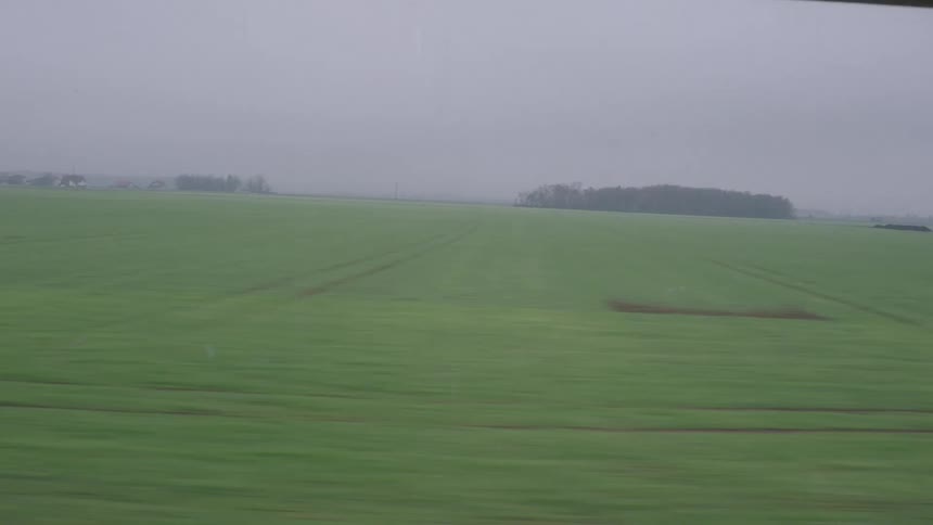 A view from a moving train window shows a vast green agricultural field passing by on a cloudy and overcast day