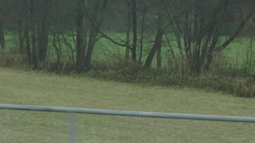Slow motion view from a train window pulling away from a station into the gloomy, rural countryside