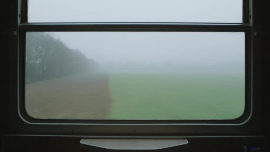 A moody view of a foggy, green countryside passes by the window of a moving train