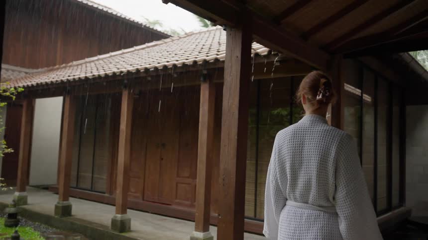A woman in a white robe slowly walks along a covered patio, watching the rain fall in the lush, green courtyard of a tranquil Asian villa