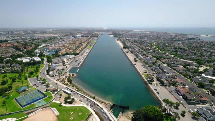 Long Beach Marine Stadium, aerial view with surrounding marina and neighbourhoods