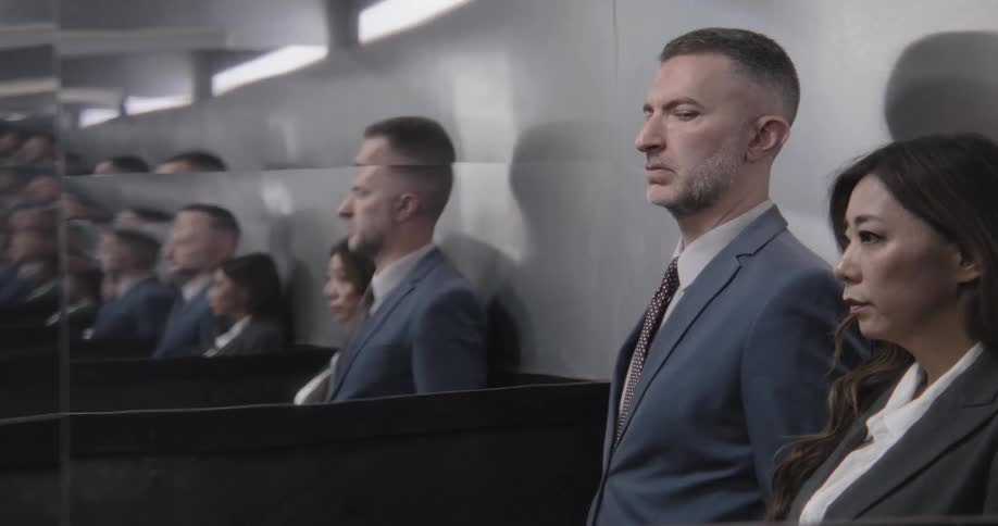 Serious corporate colleagues are reflected endlessly in the mirrored walls of a modern elevator