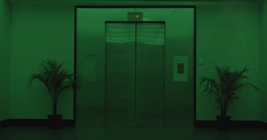 An elevator door closes in a dark, empty hallway illuminated by a mysterious green light