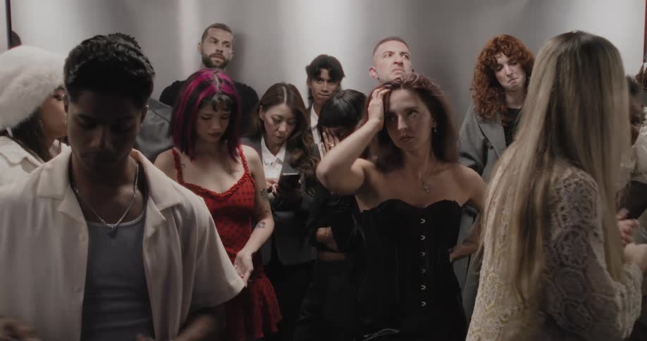 A diverse group of strangers in a packed elevator react with shock as they all look up in unison