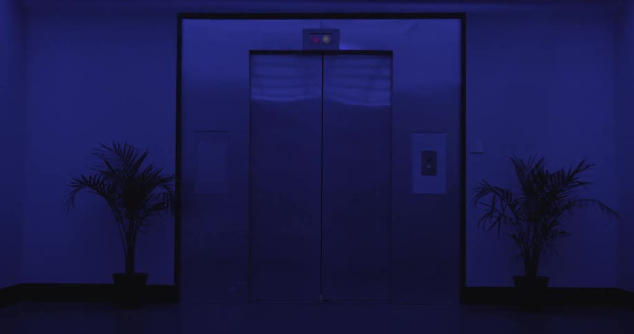 A modern elevator with stainless steel doors endlessly opens and closes in a dark, blue-lit hallway