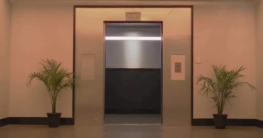 A modern stainless steel elevator's doors open and then close in a quiet lobby flanked by potted plants