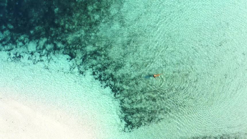 Top-down aerial view ascends to reveal a woman floating peacefully in the shallow, crystal clear turquoise water of a tropical sea
