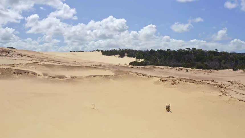 An adventurous couple walks through a vast desert sand dune on a beautiful sunny day