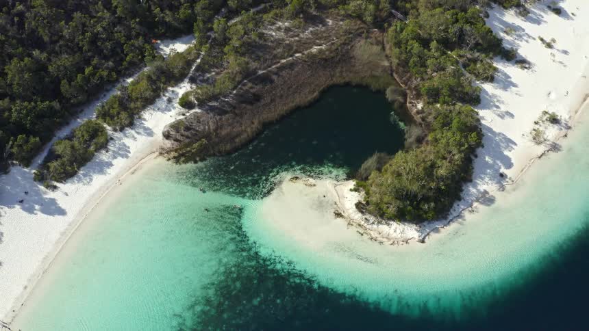 Breathtaking top-down aerial view of a pristine freshwater lake, where vibrant turquoise water meets a darker adjoining pool, all framed by pure white sand and dense green forest