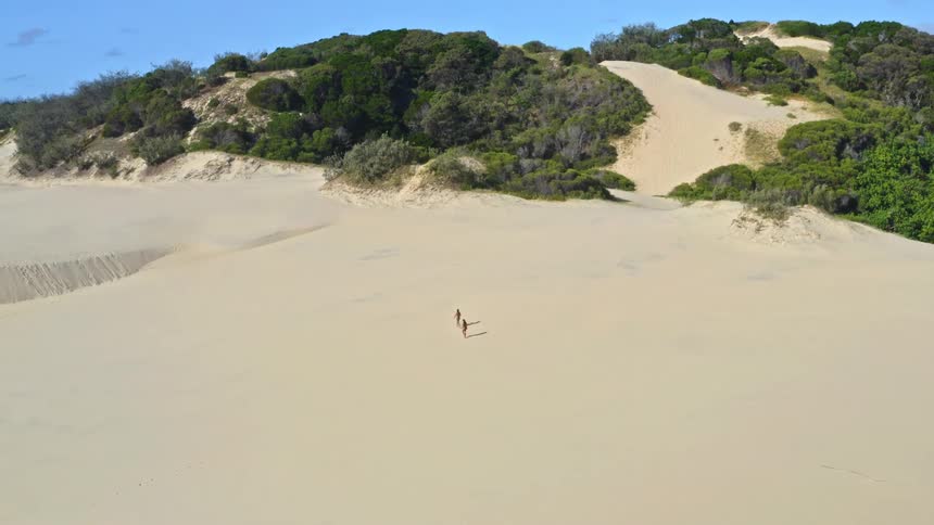High aerial view of two people standing alone in the middle of a vast sand dune landscape