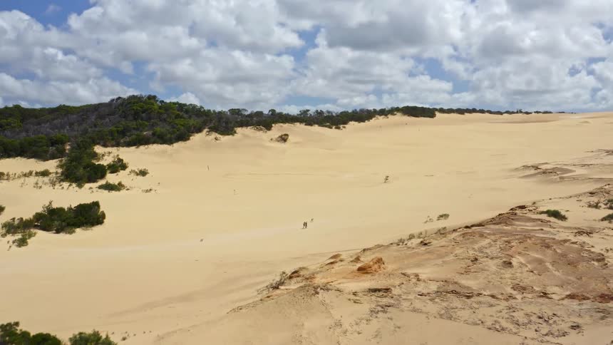 Aerial footage follows a person and their dog as they walk together across a vast and beautiful sand dune landscape under a cloudy sky