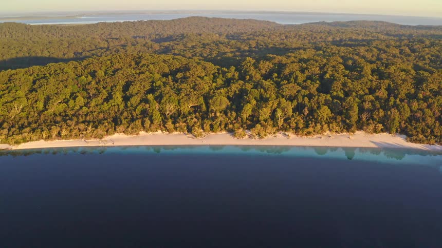A stunning aerial shot pulls back to reveal a pristine white sand beach along a calm blue lake, bordered by a vast, sun-kissed forest