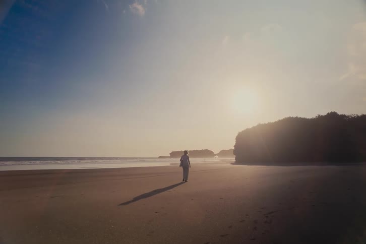 A solitary person walks along a vast, sandy beach during a beautiful, hazy sunset, casting a long shadow on the shore