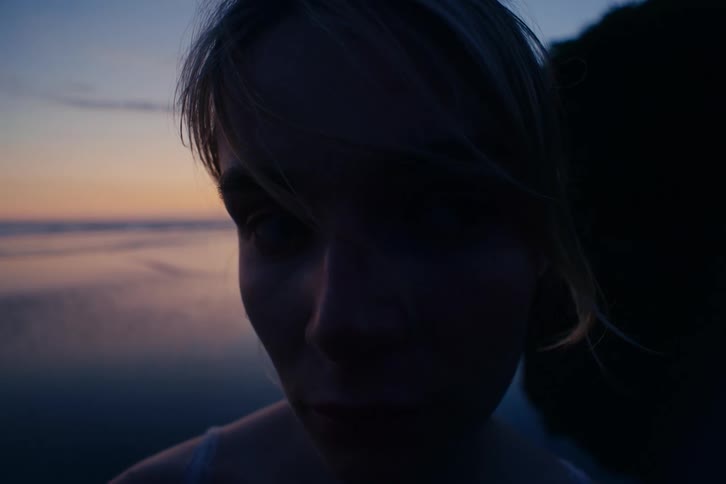 An intense, moody fisheye close-up of a woman's face on a beach as the last light of sunset fades