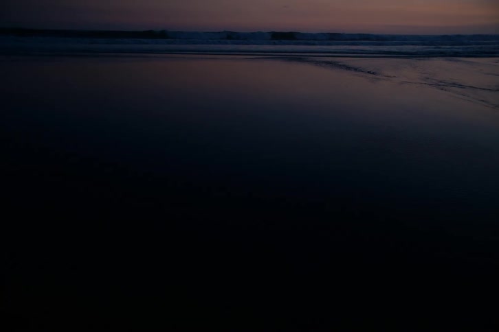 Calm ocean waves wash up on a dark beach at twilight, with the wet sand reflecting the purple sky