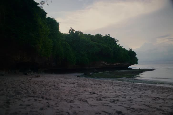 A serene view of a secluded beach cove nestled against a lush, green cliff at dusk