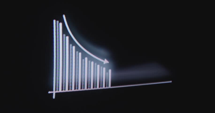 A simple animated bar chart on a black screen shows a downward trend, symbolizing financial loss or decline