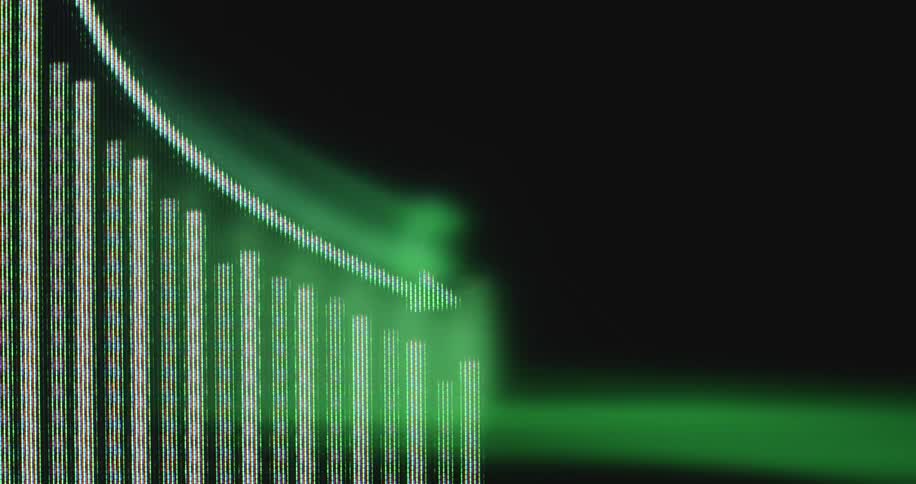 A pixelated green bar graph on a black screen displays a downward trend, symbolizing a financial market crash and economic decline