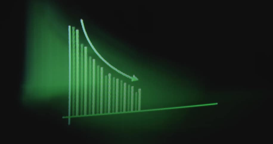 An animated green bar chart on a black screen illustrates a steady decline with a downward-pointing arrow