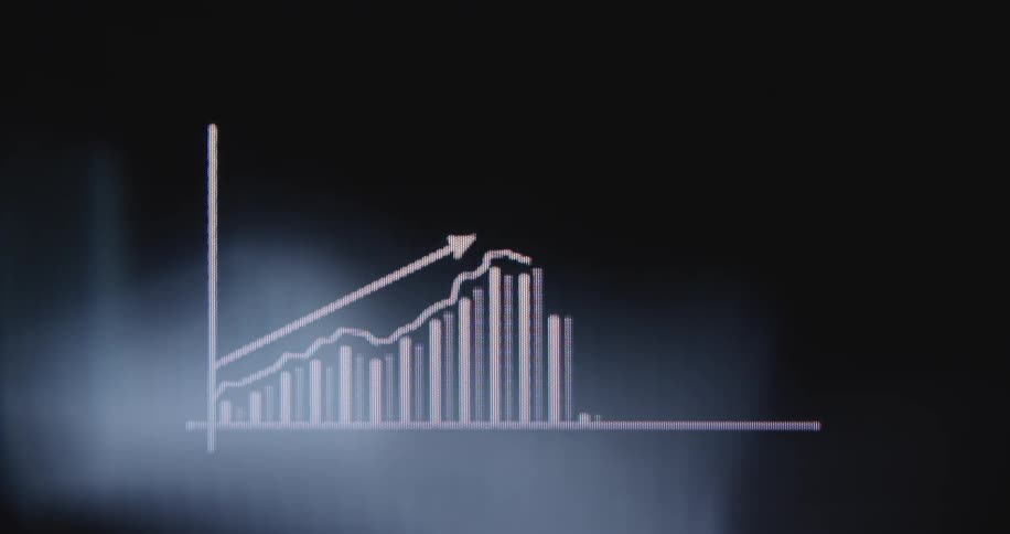 A simple animated bar and line graph illustrates positive growth and increasing profits on a black digital screen