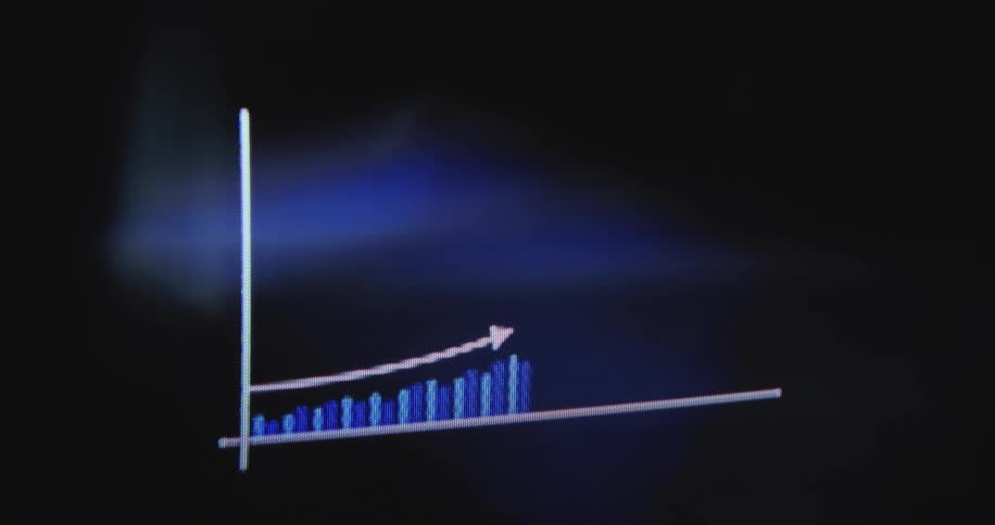 A simple digital bar chart on a black screen animates to show progressive growth and success