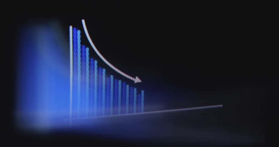 An animated blue bar graph on a black screen shows a downward trend, representing financial loss or recession