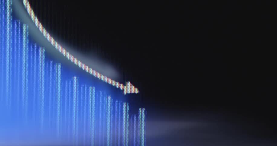 Macro close-up of a digital screen showing a declining blue bar graph with a downward pointing arrow, symbolizing a financial market crash or economic downturn