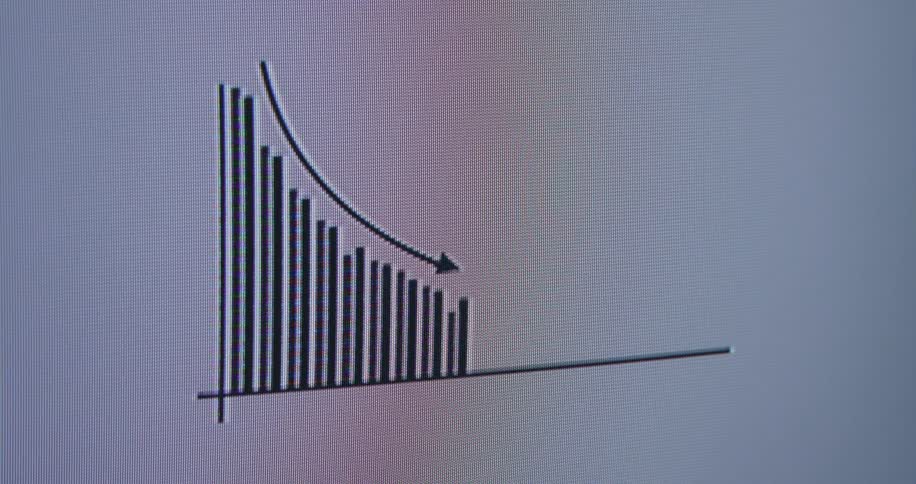 Close-up of an animated financial bar chart on a screen showing a downward trend