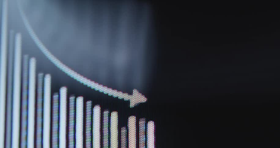 Extreme macro shot of a digital bar chart with a downward-pointing arrow, symbolizing financial crisis, decline, and loss
