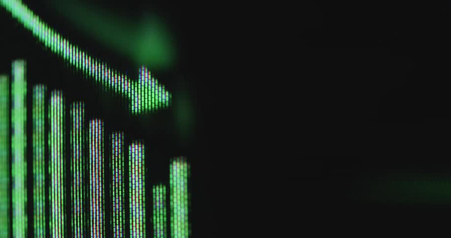 A pixelated green audio equalizer or financial bar graph with a moving cursor arrow fluctuates across a dark digital screen