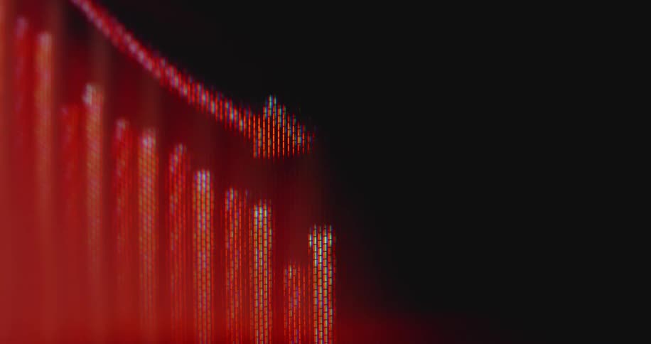 An extreme close-up, pixelated view of a red financial graph with a downward arrow indicating a stock market crash and economic decline