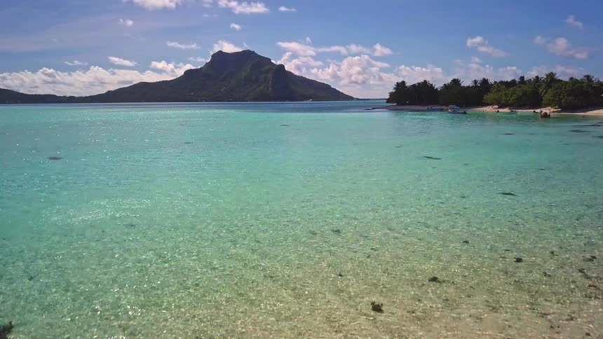 A slow aerial reveal of Bora Bora's turquoise lagoon, starting from the beach and moving towards the iconic Mount Otemanu