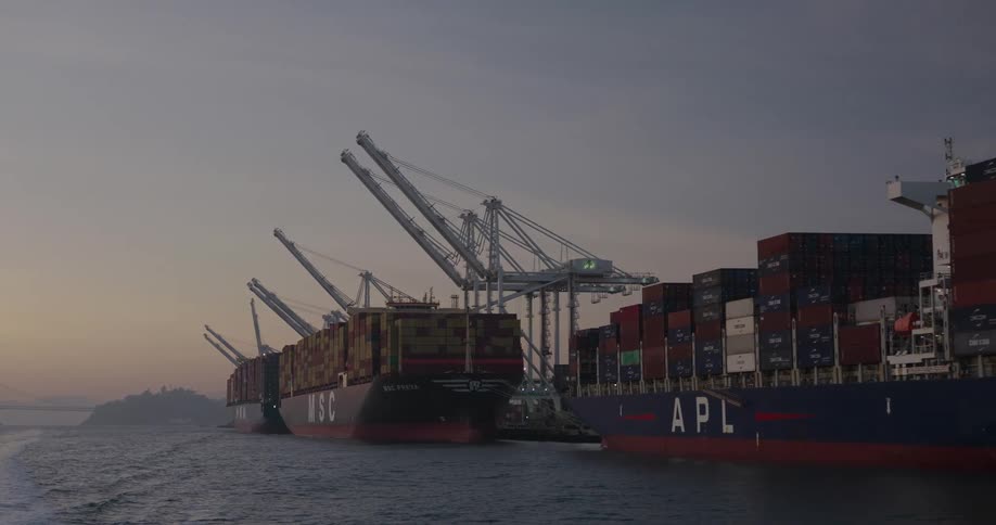 Large container ships are docked at an industrial shipping port with giant gantry cranes against a dusky sky