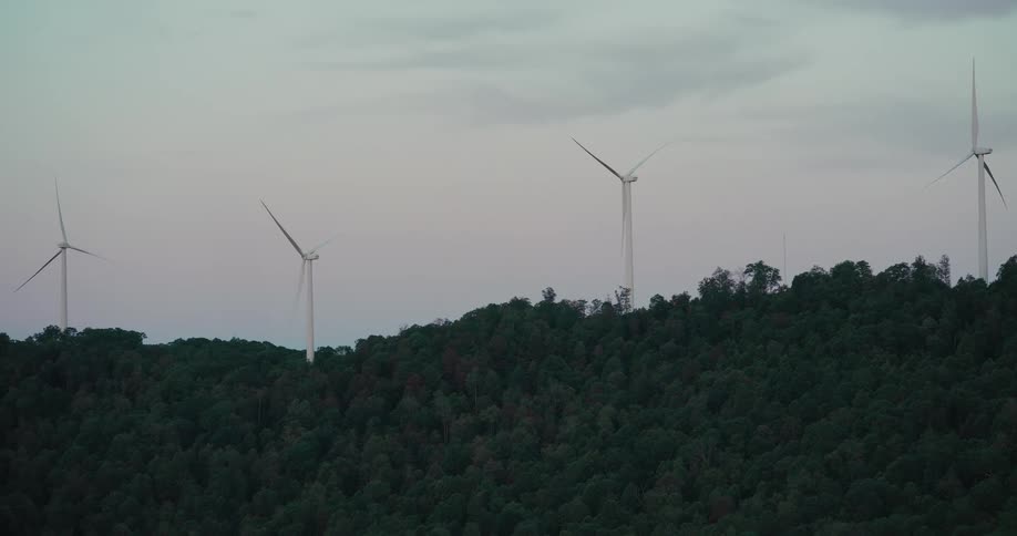 A row of slowly rotating wind turbines lines a forested hilltop against a pale, overcast sky at dusk