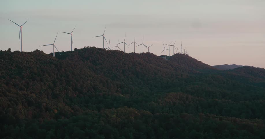 Wind turbines spin on a lush, forested mountain ridge at dusk, generating renewable energy