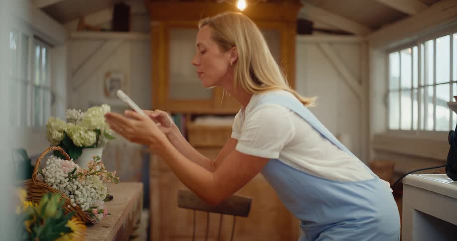 A female florist in her rustic workshop captures a photo of her beautiful flower arrangements with her smartphone