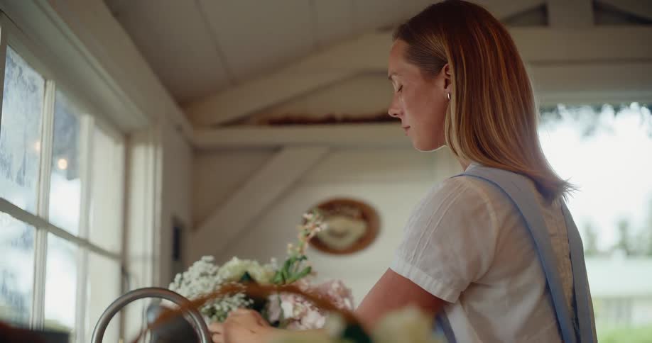 A thoughtful woman wearing an apron arranges a beautiful bouquet of fresh flowers in a vase by a window in her rustic kitchen