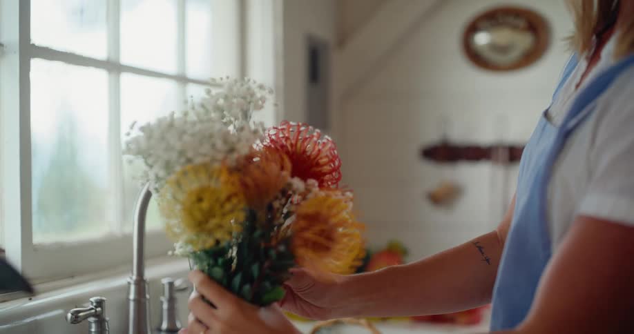 Florist carefully arranges a vibrant bouquet of colorful protea and baby's breath flowers in her rustic sunlit kitchen