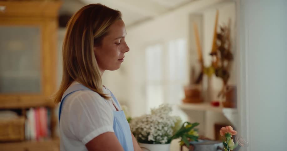 A woman in a blue apron meticulously trims the stems of various flowers over a farmhouse kitchen sink in slow motion
