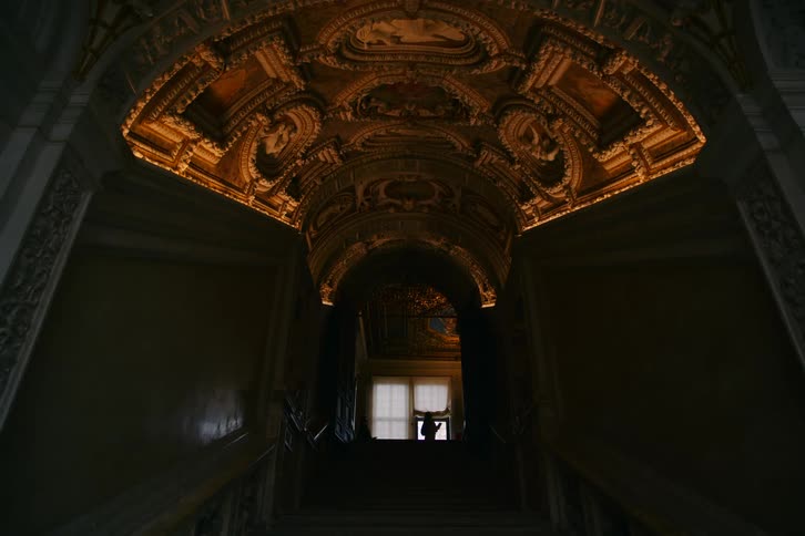 A shadowed, grand staircase leads to a brightly lit doorway beneath an opulent, gilded ceiling in a historic palace