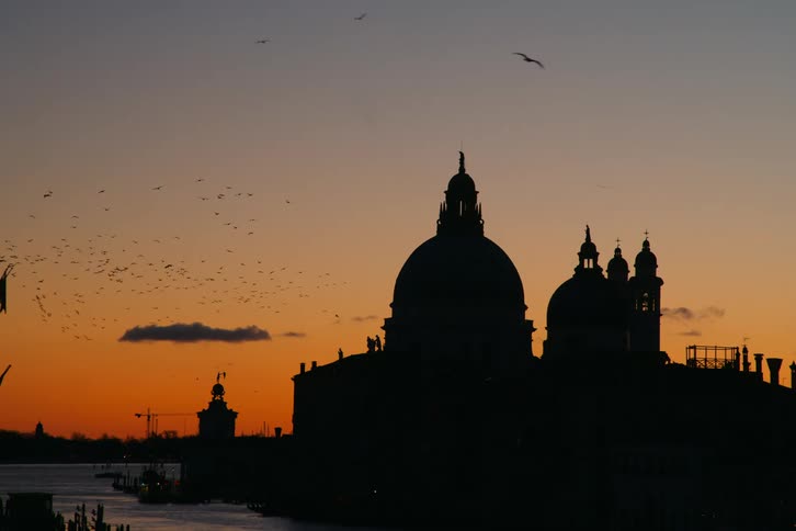 A flock of birds flies over the silhouetted Basilica di Santa Maria della Salute in Venice, Italy during a beautiful orange sunset