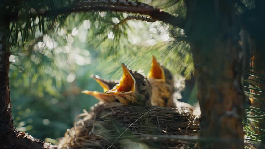 Three hungry baby chicks sit in a nest with their beaks wide open waiting for their mother to feed them