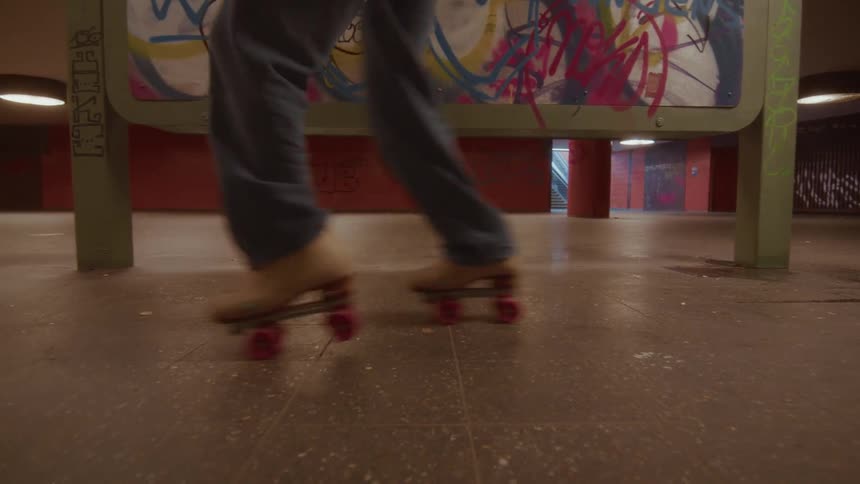 A person's legs in roller skates move gracefully in a gritty, graffiti-covered underpass