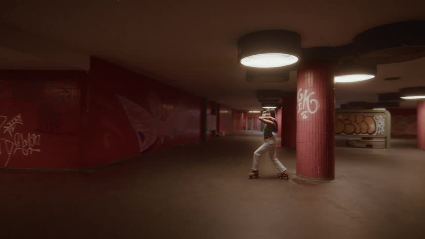 A woman on roller skates dances freely through a deserted, dimly lit underground passageway with red walls and graffiti